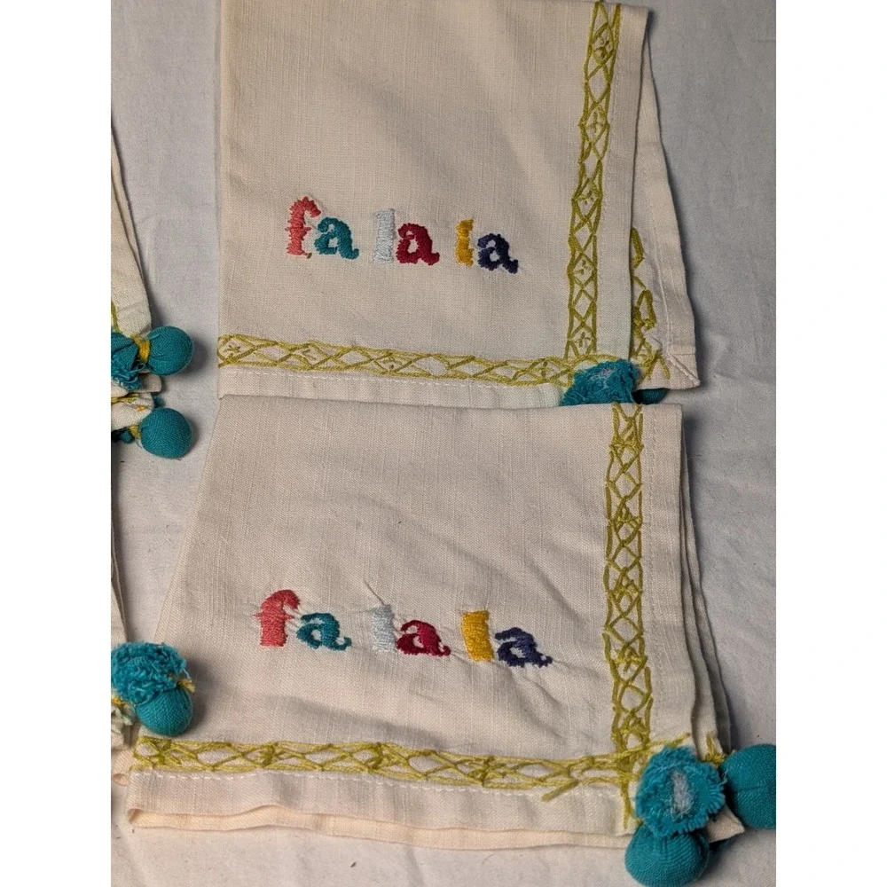 Set of 4 Fa La La Embroidered Christmas Napkins Cream with Teal Pom Tassels